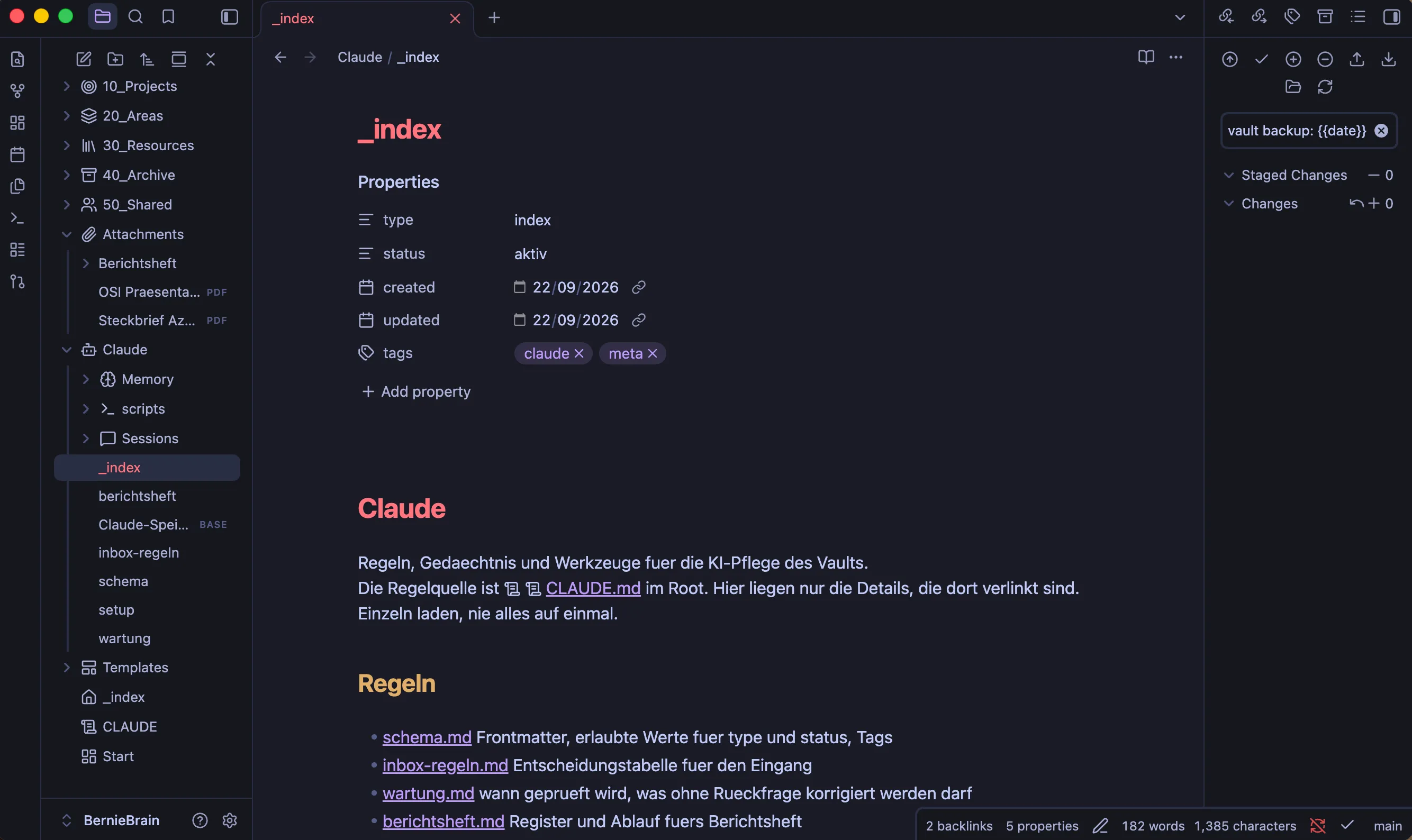 Obsidian showing the note Claude/_index.md with its properties, the folder tree on the left and the Git panel on the right